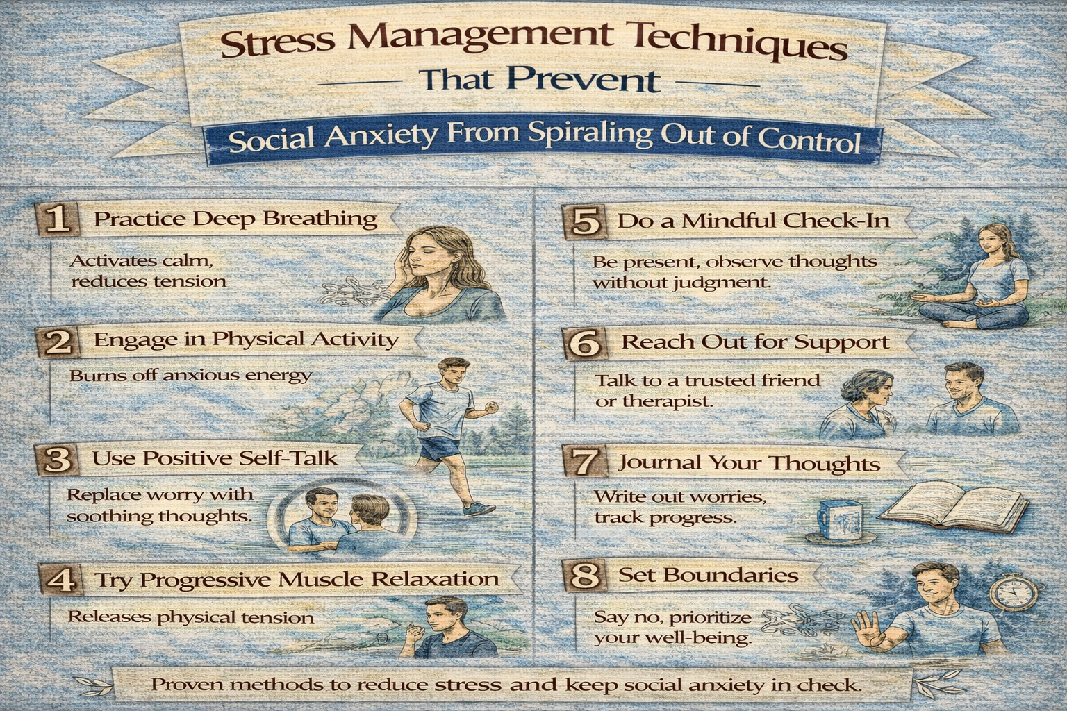 stress management techniques to prevent social anxiety from spiraling out of control infographic
